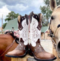Women’s Short Western Boot – Cream & Brown Cowhide – Jesse Style – Wide Square Toe – 12” Shaft