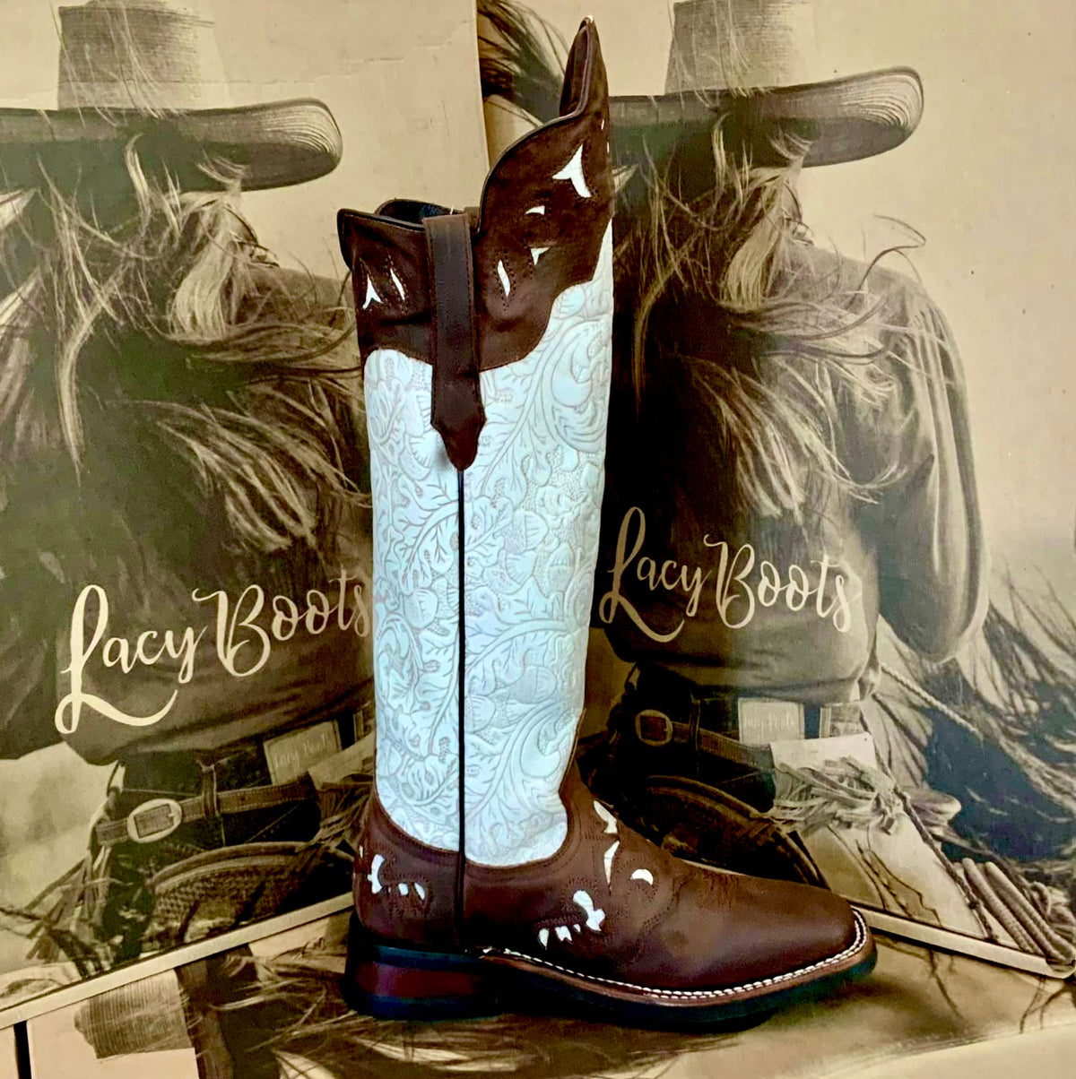Tall Frost Style Buckaroo in Embossed Cream/White Leather
