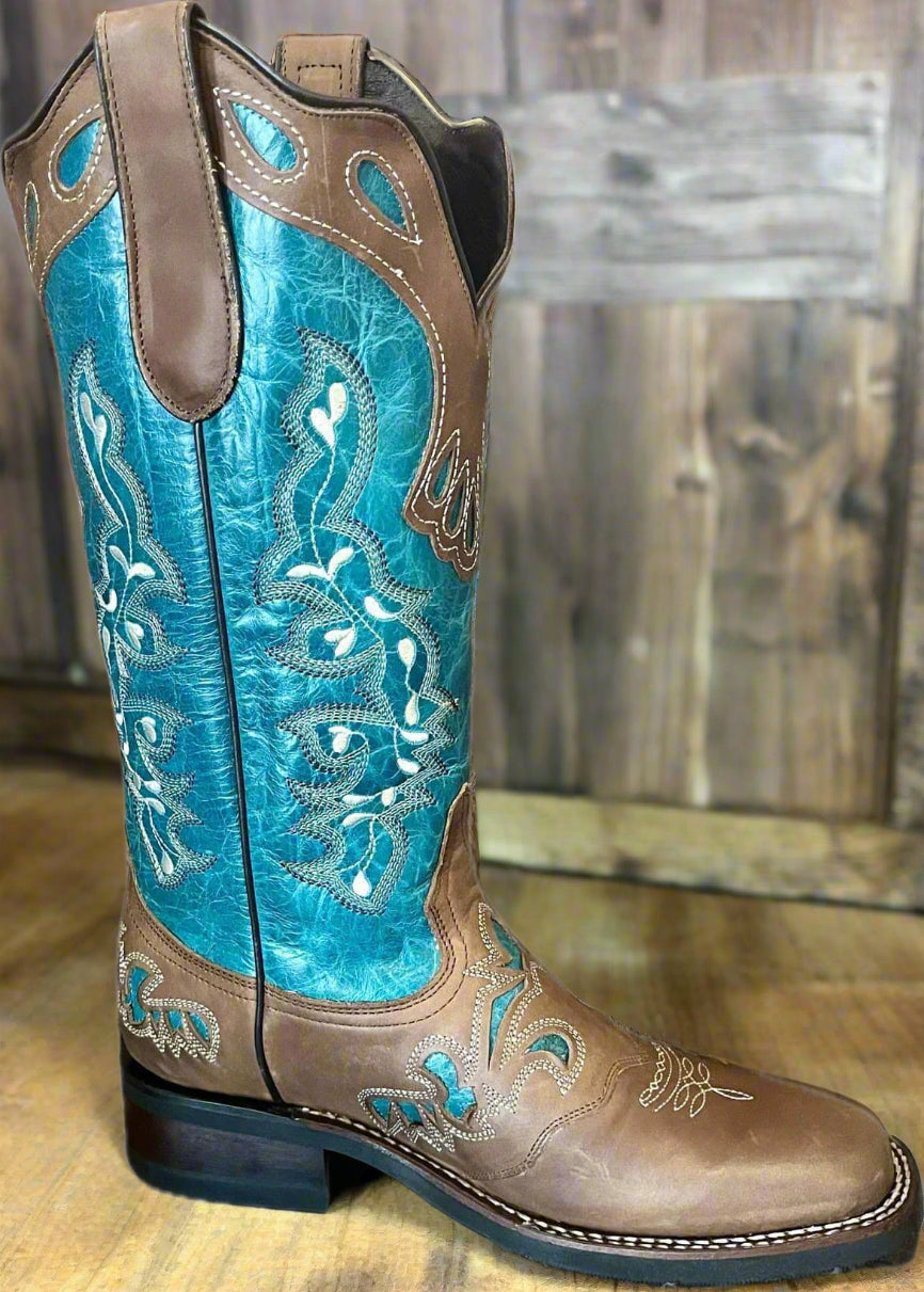 Women’s short Western Boot-  Deep Turquoise cowhide - Jesse style - Wide Square Toe - 12” shaft