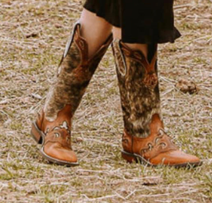 Women’s Short Western Boot – Brown Brindle Hair-On – Jesse Style – Wide Square Toe – 12” Shaft