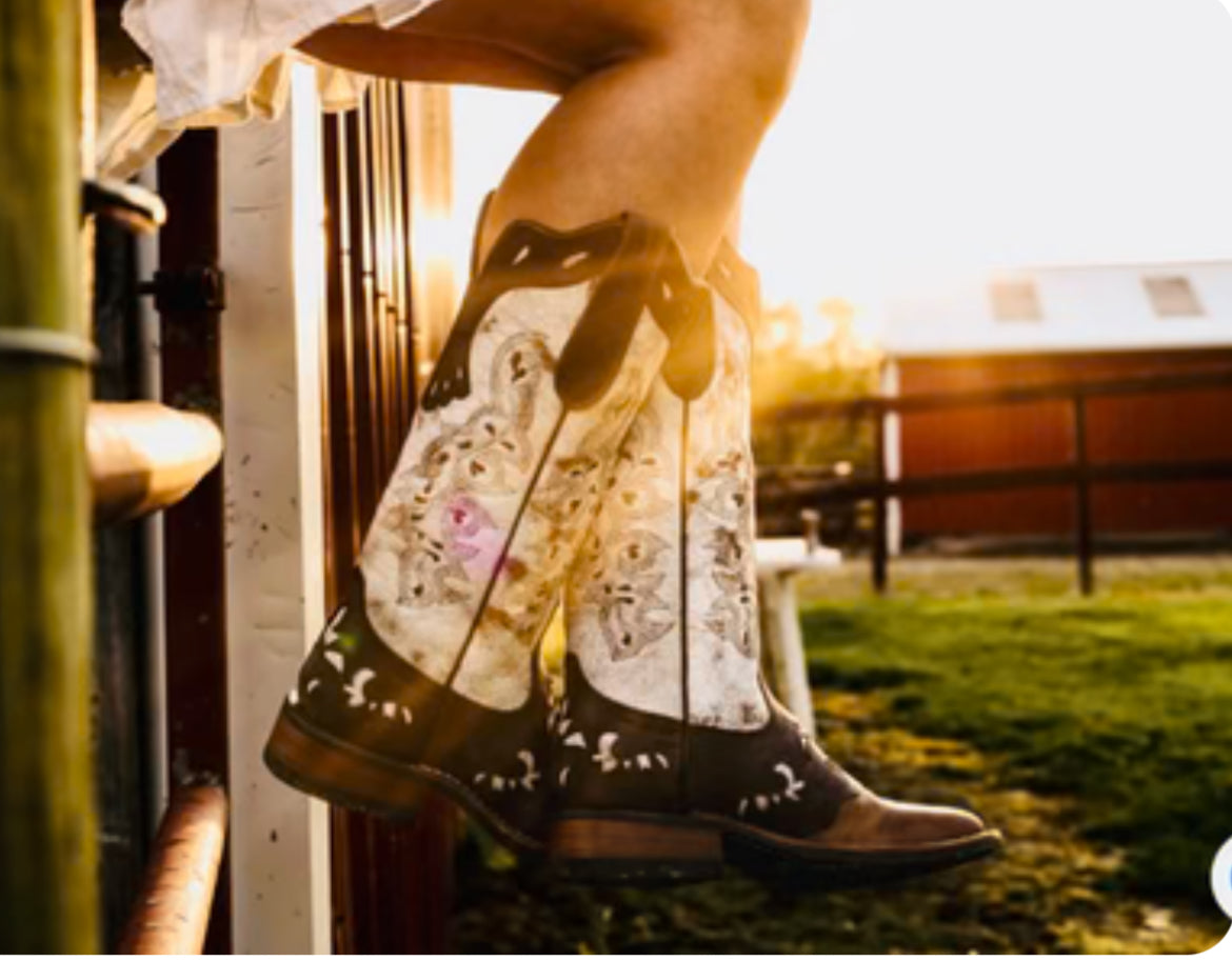 Women’s Short Western Boot – Cream & Brown Cowhide – Jesse Style – Wide Square Toe – 12” Shaft