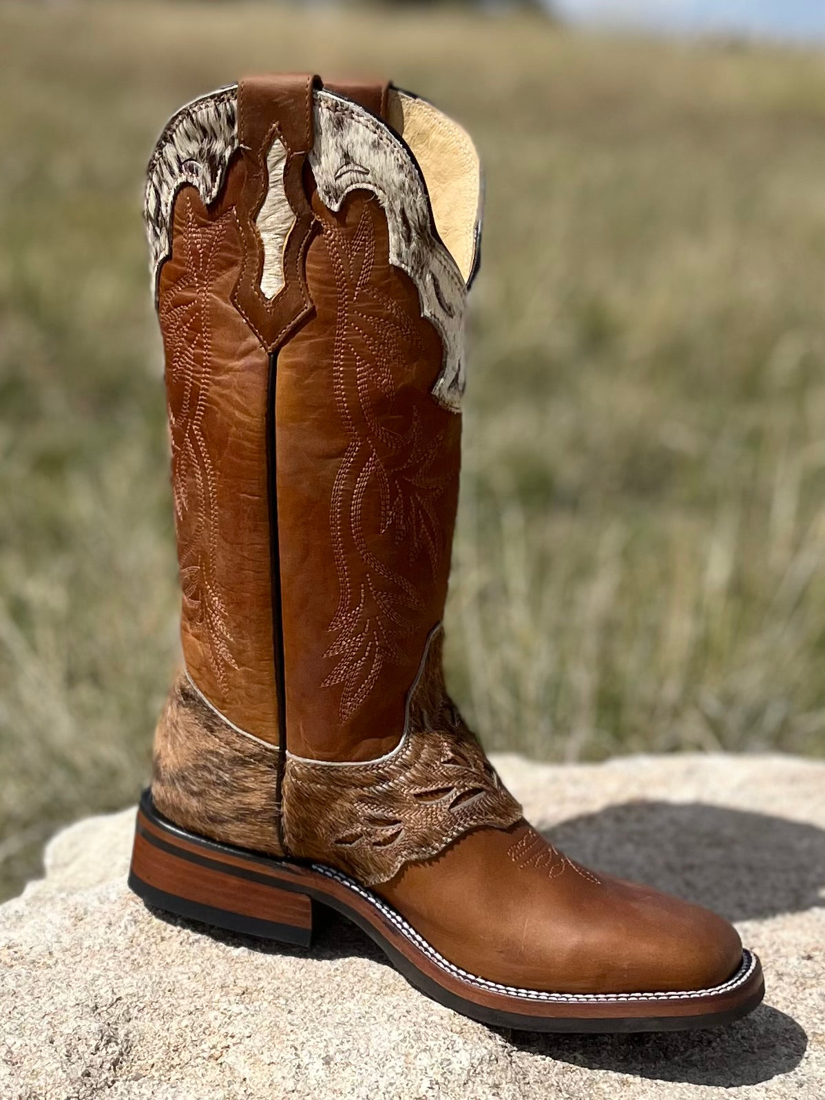 Women’s Short Western Boot – Brown Cowhide with Brindle Trim – Jesse Style – Wide Square Toe – 12” Shaft