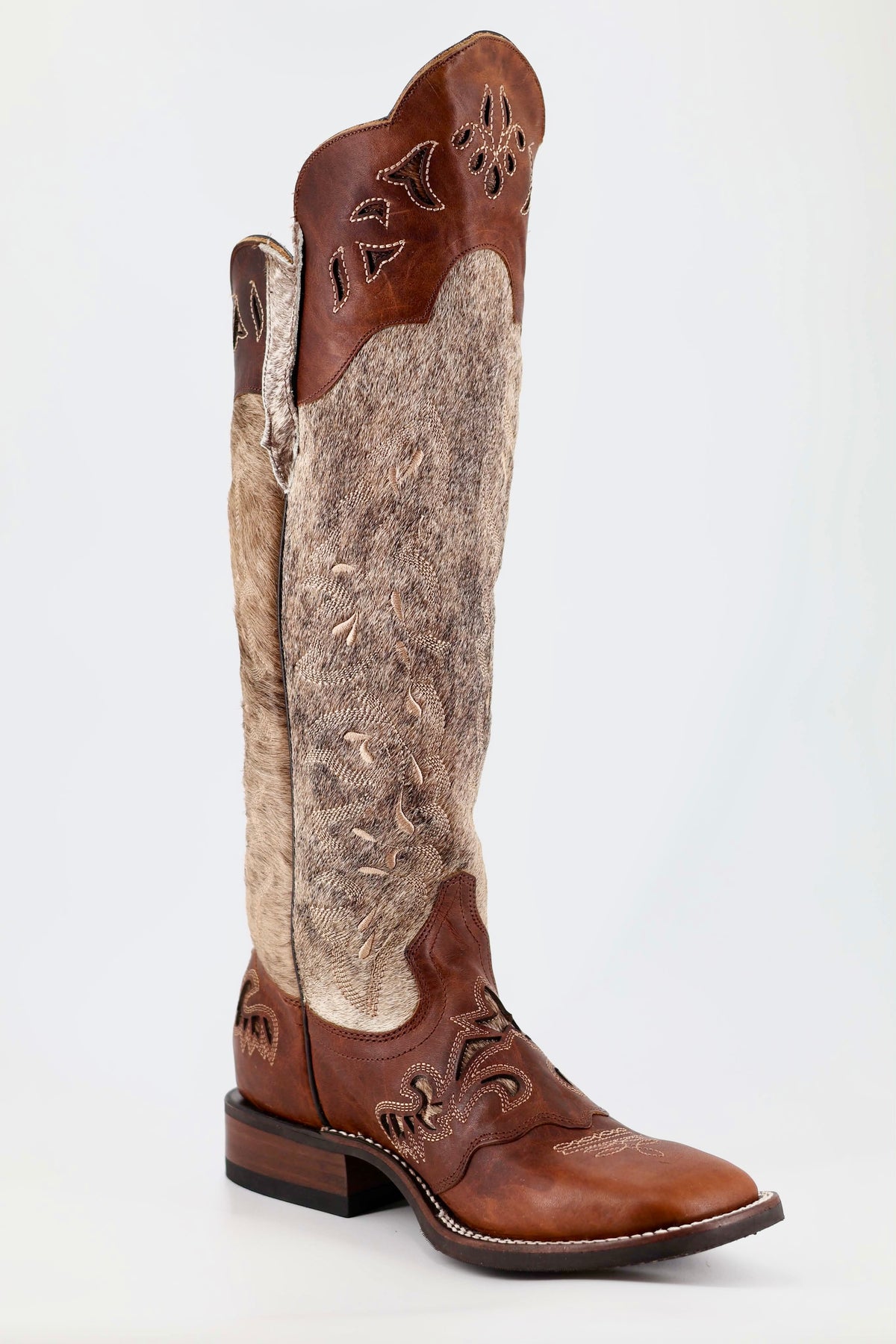 Frost Style Tall Buckaroo - Light Brindle Hair-On Cowhide - XRD Undetectable Shin Protection 18” shaft