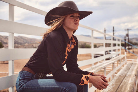 Cool Cowgirl® Perforated Cooling Shirts! Black with Gold Leopard Trim