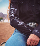 Cool Cowgirl® Perforated Cooling Shirts! Solid Black with "Lacy Boots" Down Arm