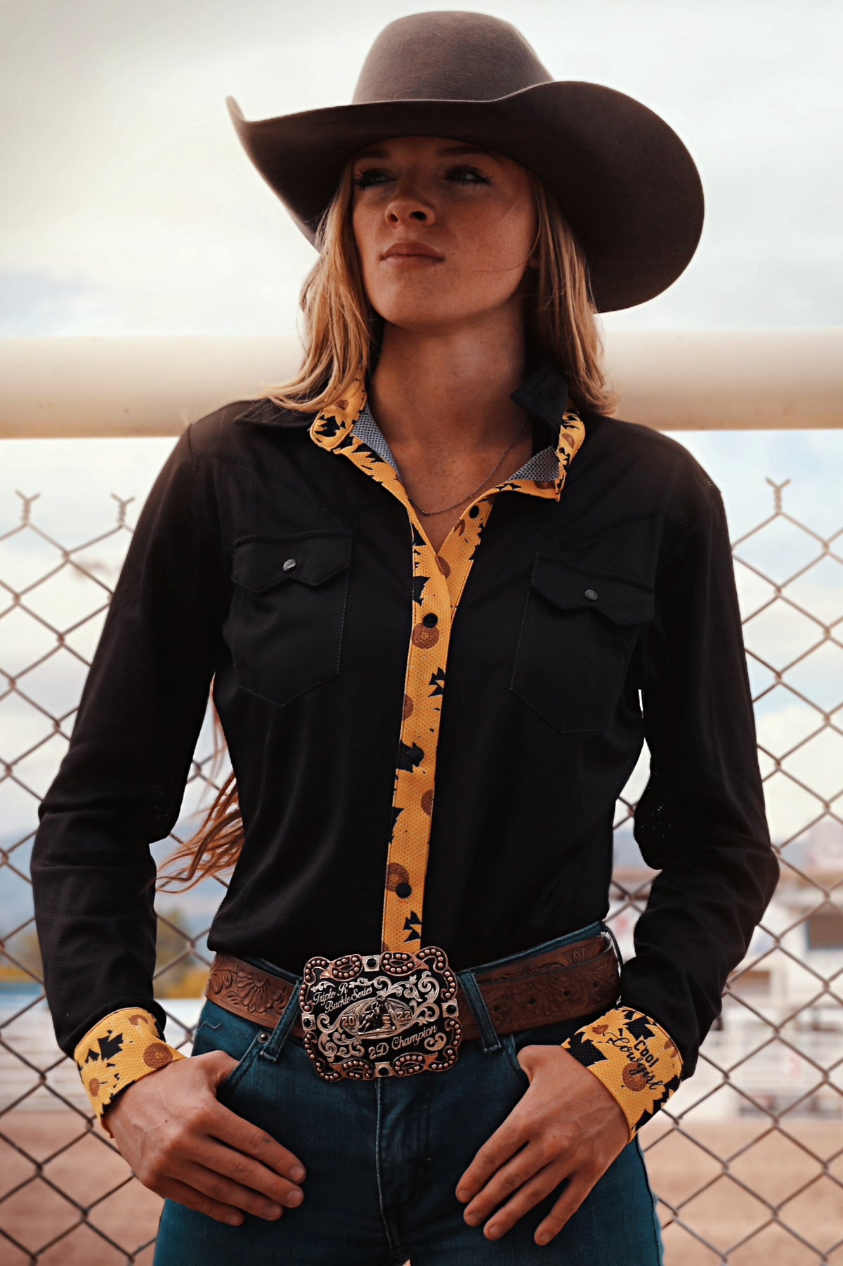 Cool Cowgirl® Perforated Cooling Shirts! Black with Sunflower Trim
