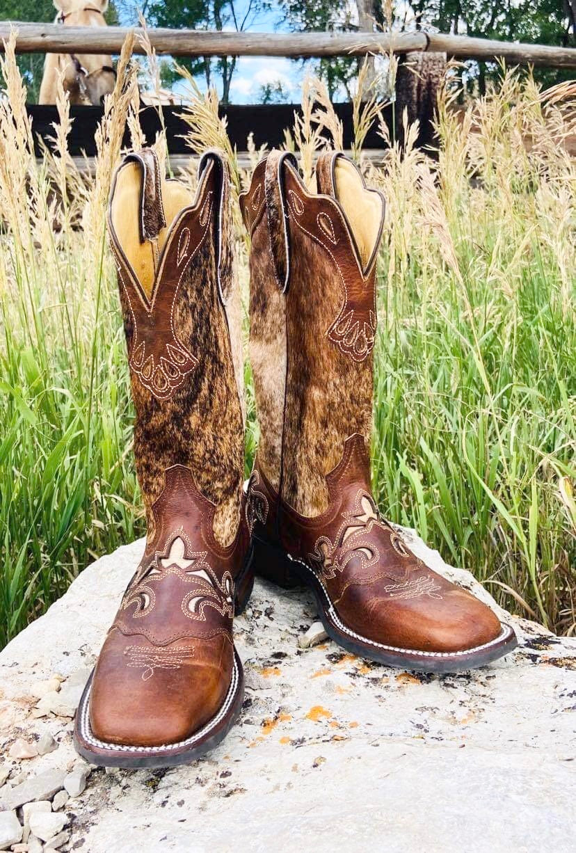 Women’s Short Western Boot – Brown Brindle Hair-On – Jesse Style – Wide Square Toe – 12” Shaft