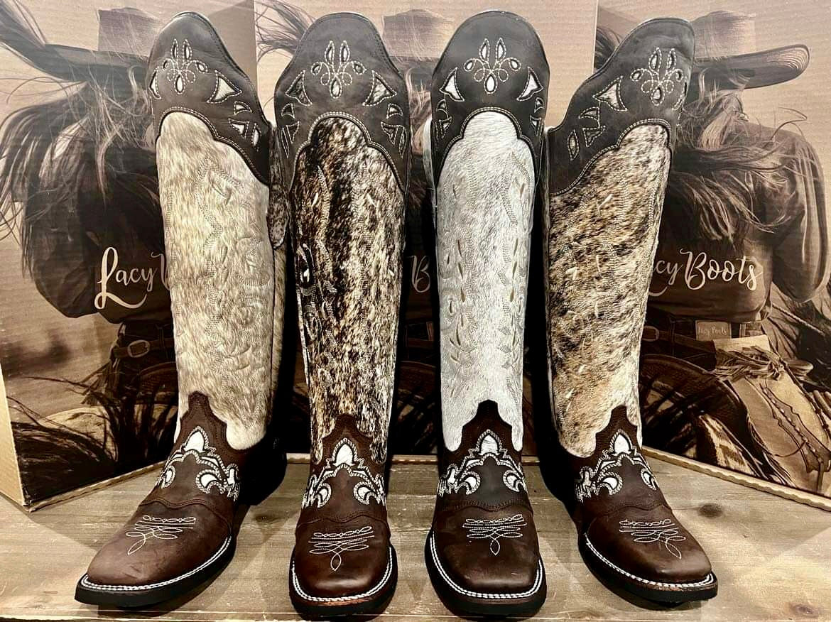 Frost Style Tall Buckaroo - Light Brindle Hair-On Cowhide - XRD Undetectable Shin Protection 18” shaft