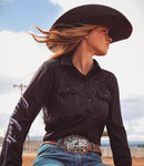 Cool Cowgirl® Perforated Cooling Shirts! Solid Black with "Lacy Boots" Down Arm