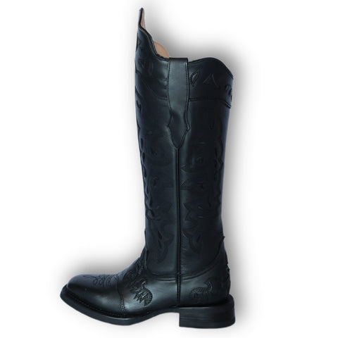 Frost Style Tall Buckaroo in Black Smooth Leather with Shin Guard