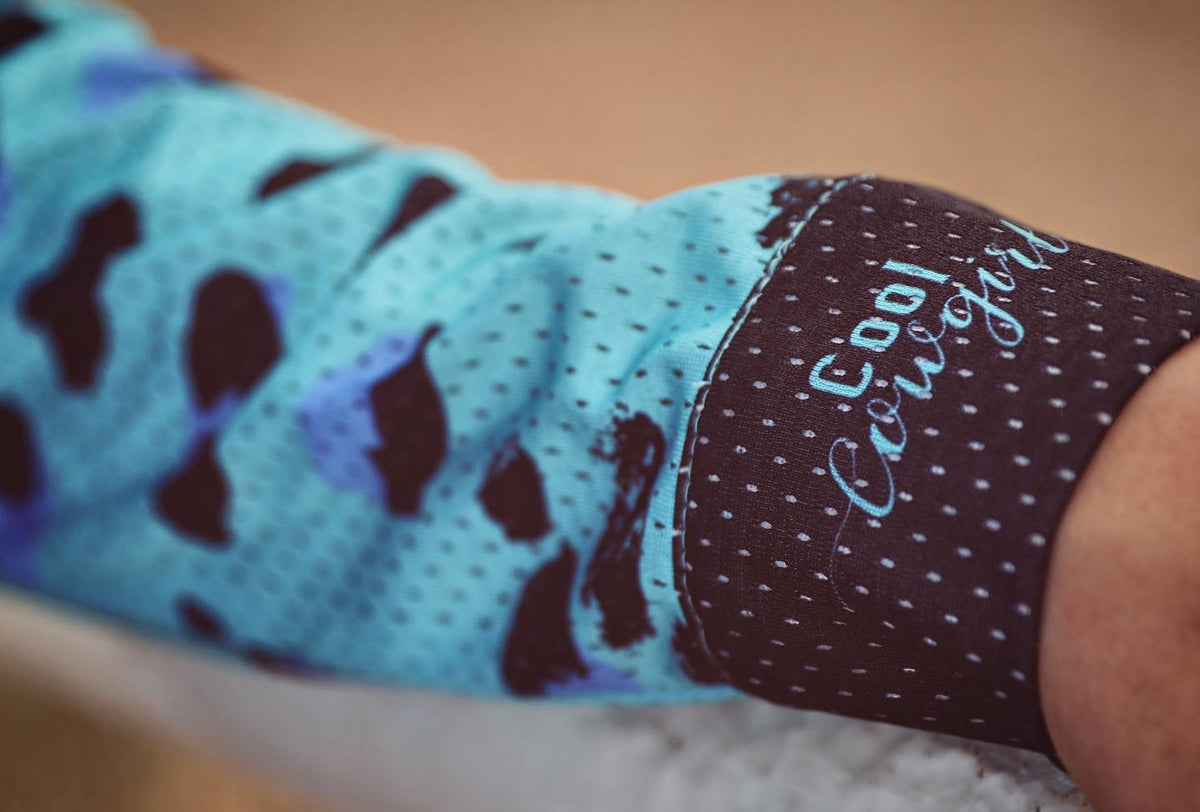 Cool Cowgirl® Perforated Cooling Shirts! Turquoise Leopard with Black Trim