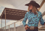 Cool Cowgirl® Perforated Cooling Shirts! Turquoise Leopard with Black Trim