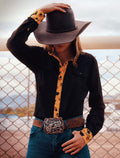 Cool Cowgirl® Perforated Cooling Shirts! Black with Gold Leopard Trim