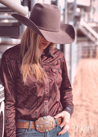 Cool Cowgirl®  Perforated Cooling Shirt! Brown Background with Brands Print